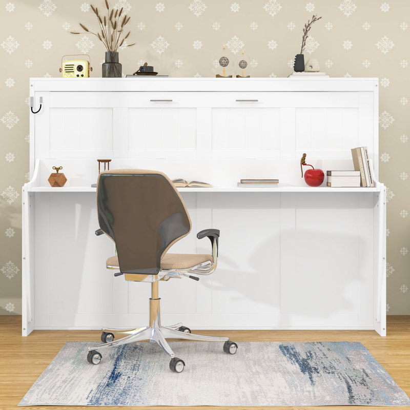 Lit escamotable mural avec bureau intégré Wakefield, Double, Blanc