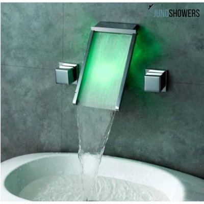 Juno Wall Mount Bathroom Sink Faucet with LED Glass Waterfall Dual Handle Brass Chrome Finish