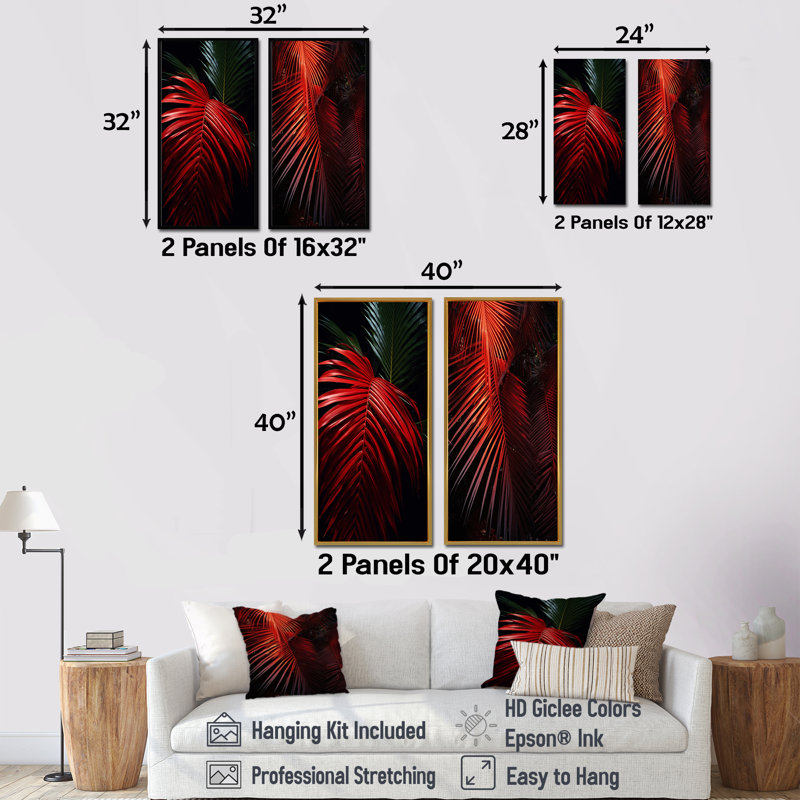 Ensemble de 2 reproductions d'art sur toile monochromes rouges - palmiers et palmiers, Cadre flottant noir, H 40 po x l 41 po