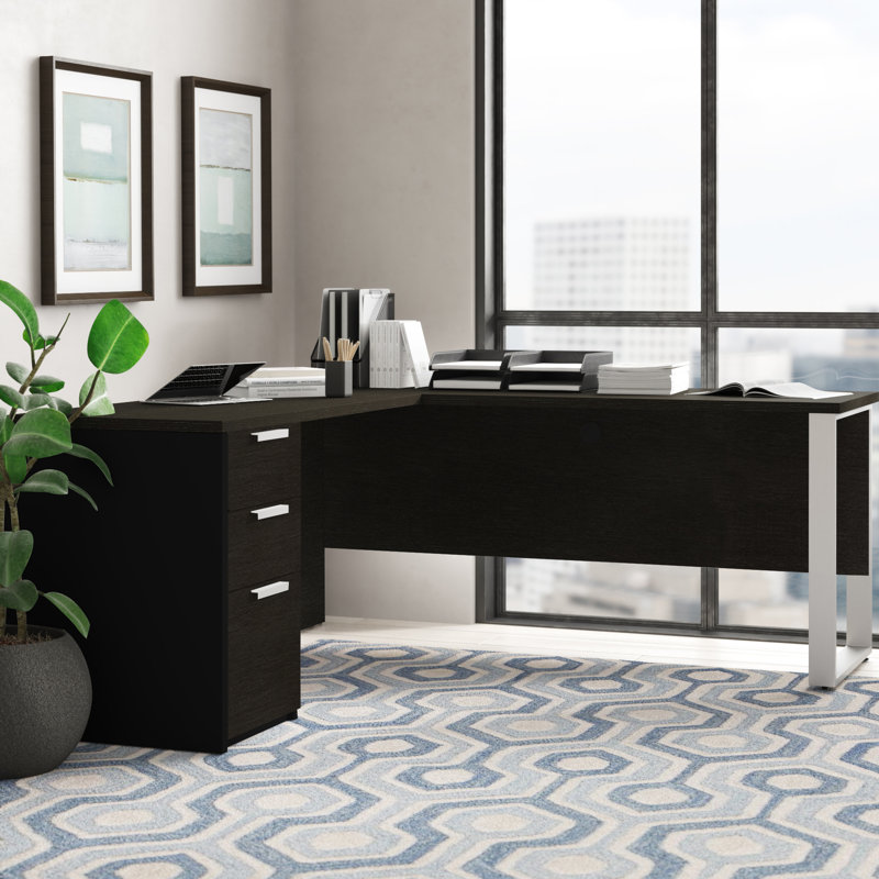 Kadian Reversible L-Shape Excutive Desk with Drawers, Deep Gray & Black