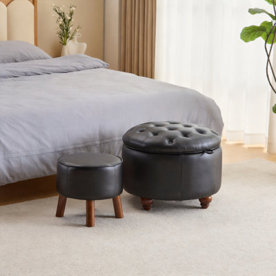 Ensemble de 2 repose-pieds ronds de 24 po avec rangement, ensemble de 2 tables basses modernes en cuir de polyuréthane avec dessus amovible, repose-pieds rembourré avec repose-pieds de rangement pour le salon et la chambre à coucher (noir)