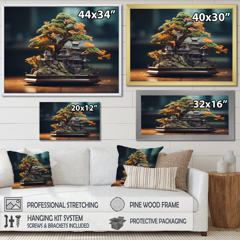 Art asiatique, Bonsaïs Sagesse VII - impression, H 16 po x l 32 po x P 1 po, Cadre flottant doré