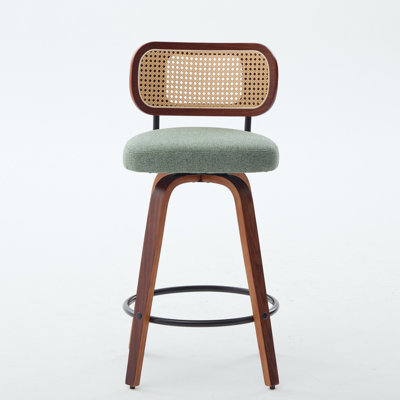 Set of 2 26-Inch Counter Height Bar Stools - Walnut Black, Cane Rattan Back, Light Green Linen Upholstered Seat, Swivel Design for Kitchen Island/Bar/Counter