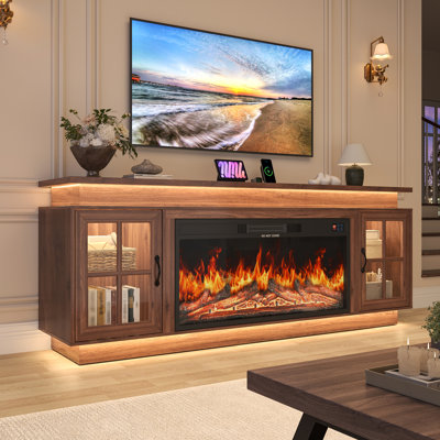 69"W Modern Farmhouse Fireplace TV Stand for TVs up to 80" with 36" Electric Fireplace, Charging Station & LED Light, Storage Cabinets with Adjustable Shelves for Living Room
