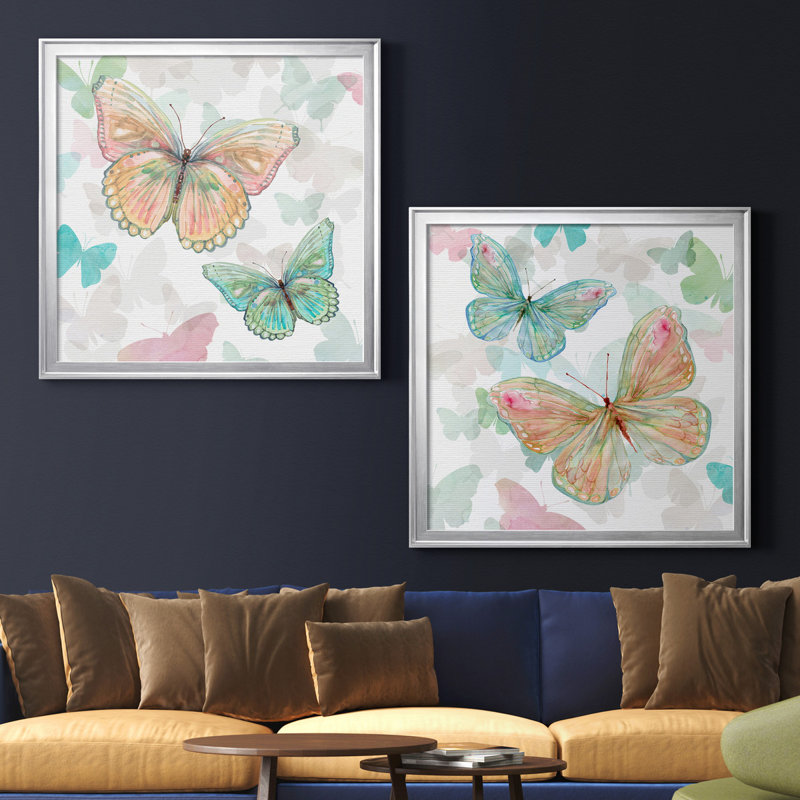 Asbury Garden Butterflies I - Ensemble de 2 reproductions d'art sur papier encadrées, Pas de tapis, Papier avec cadre argenté