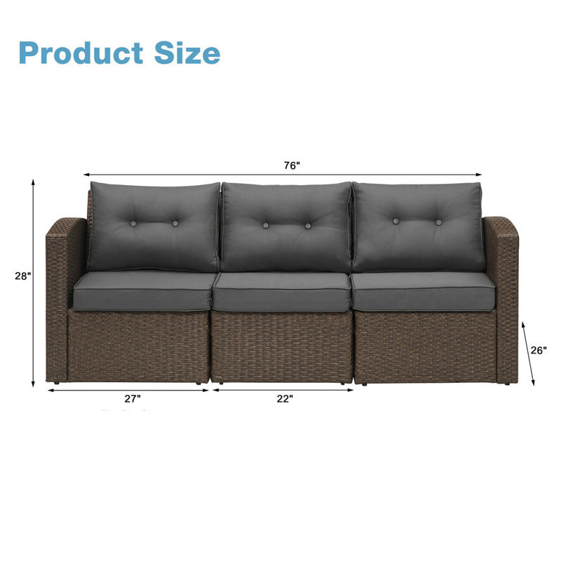Canapé d'extérieur de 76 po de largeur avec coussins, Brun, Gris