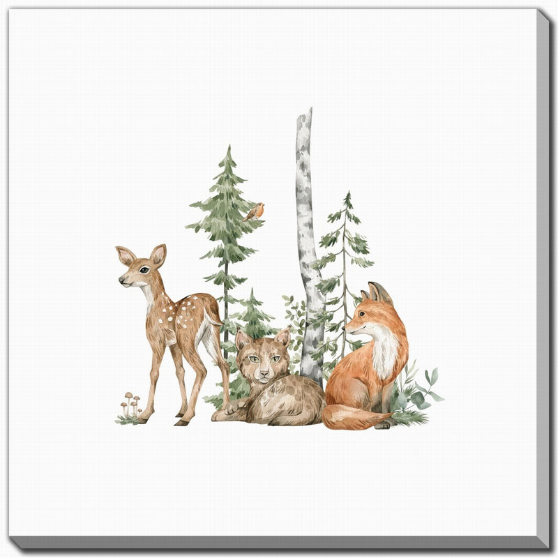 Woodland Friends 3, art mural sur toile, H 38 po x l 38 po