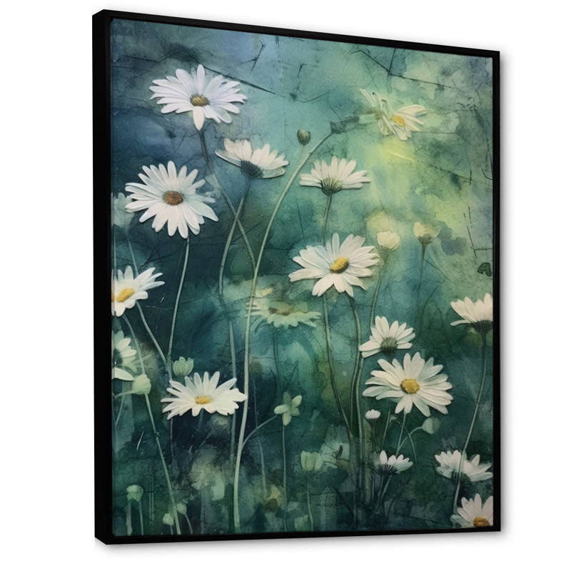 Fusion de marguerites blanches et vertes II sur toile, H 32 po x l 16 po x P 1 po, Cadre flottant noir