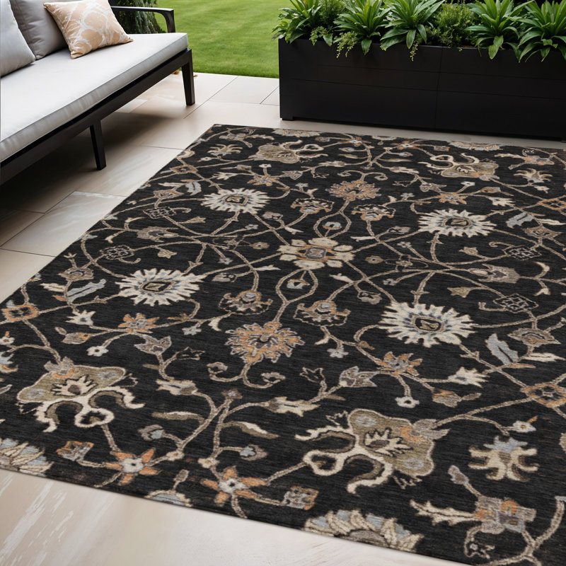 Tapis intérieur lavable floral noir et ivoire 5 pi x 8 pi noir