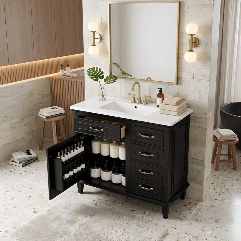 Meuble-lavabo de salle de bain avec lavabo et rangement polyvalent, Noir, 36
