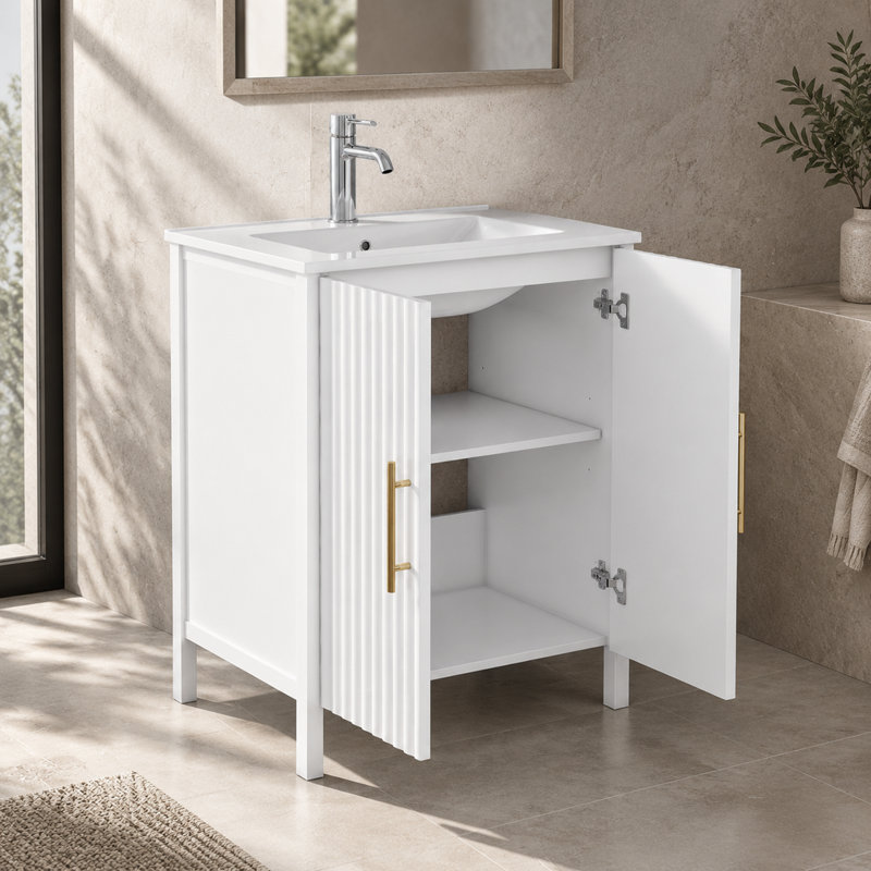 Ensemble meuble-lavabo moderne de 61,2 cm (24,09 pouces) avec lavabo, armoire blanche brillante ondulée, poignées dorées, tablette réglable, meuble de rangement autoportant