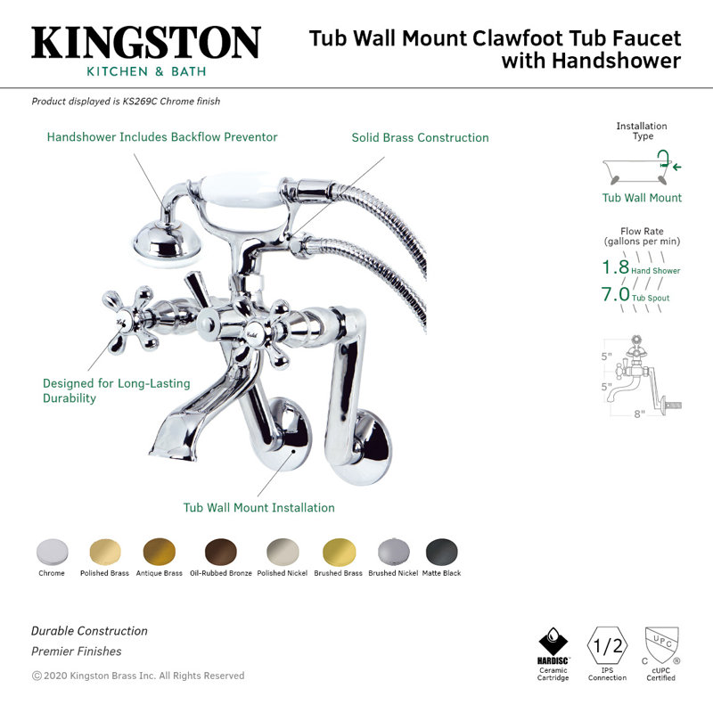 Kingston Brass Kingston Three-Handle 2-Hole Tub Wall Mount Clawfoot Tub Faucet with Hand Shower, Polished Nickel