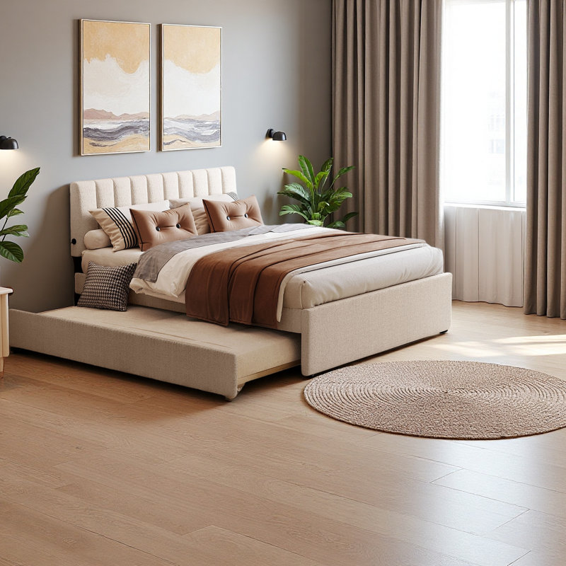 Teddy Fleece Upholstered Platform Bed, Beige, Queen
