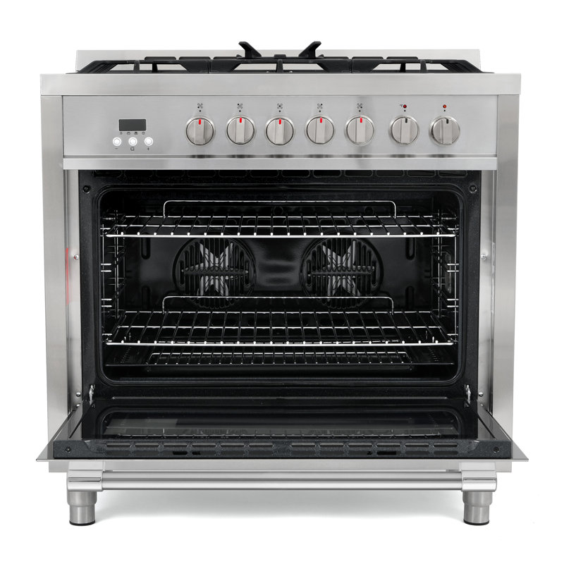 Cosmo 36 po Stellar Collection 4,4 pi³ Cuisinière à double combustible, 5 brûleurs, four à convection, poignée lisse, acier inoxydable