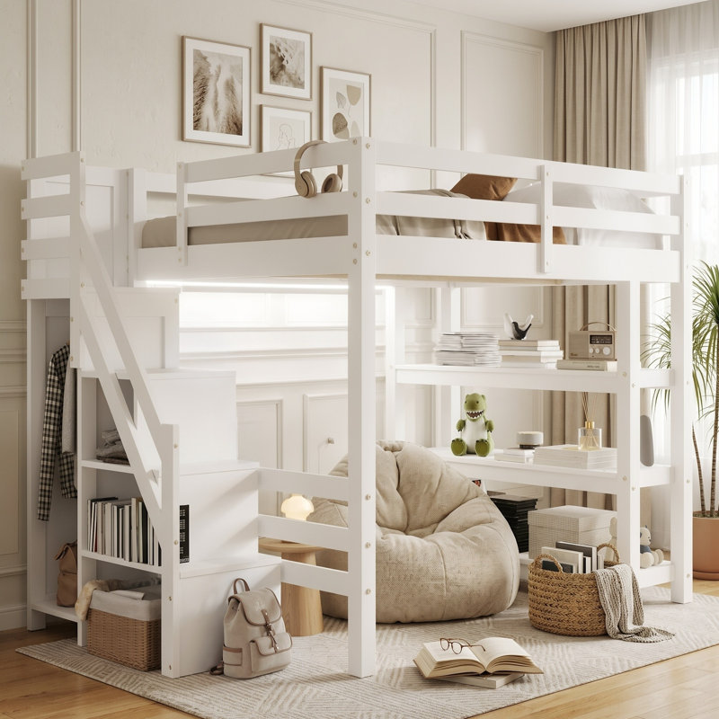 Lit mezzanine avec garde-robe intégré, tablettes, escalier de rangement et lumière DEL, lit blanc pour enfants, Double