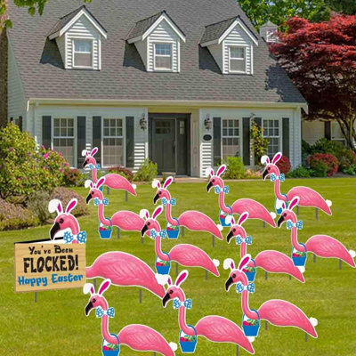 Ensemble de 13 flamants roses de Pâques, comprenant des piquets de jardin en métal
