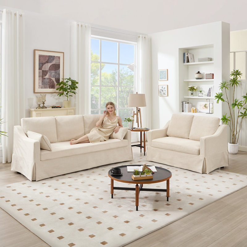 2-Piece Farmhouse Slipcovered Sofa Set, Beige