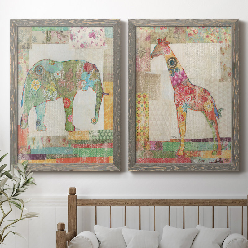 «Elephant Montage», ensemble de 2 impressions, Pas de tapis, H 31,5 po x l 47 po x P 1,5 po, Toile avec cadre gris