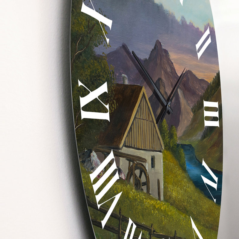 Paysage de montagne avec un vieux moulin à une rivière - horloge murale Lake House, Petit
