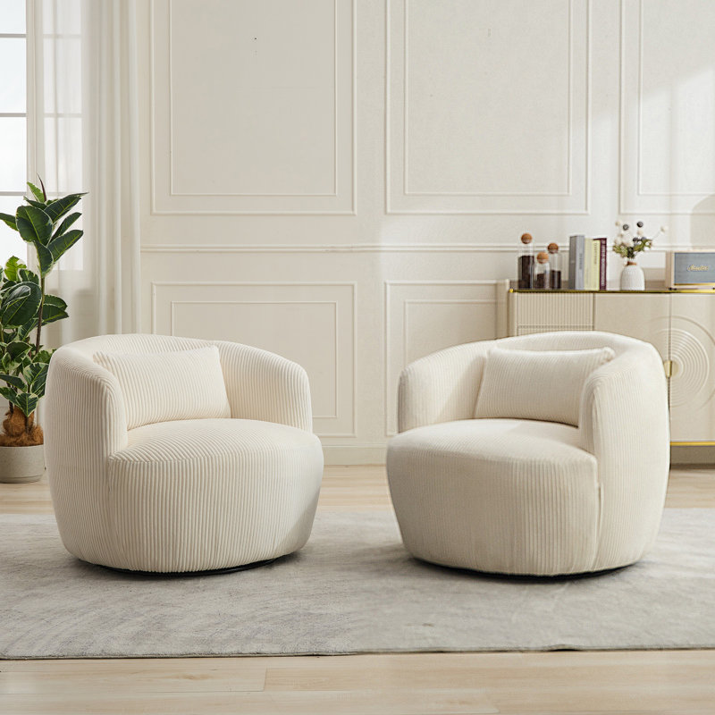 34.25"w 360° Swivel Barrel Accent Chair In Textured Corduroy - Perfect For Any Space (set Of 2), Ivory Corduroy