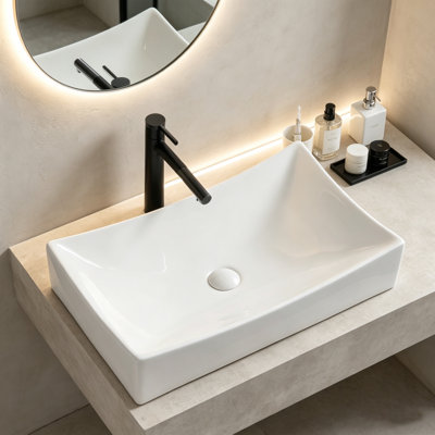 Grand lavabo vasque rectangulaire de 25,5 po Yingze, vasque de salle de bain moderne au-dessus du comptoir, porcelaine en céramique de qualité supérieure, blanc brillant