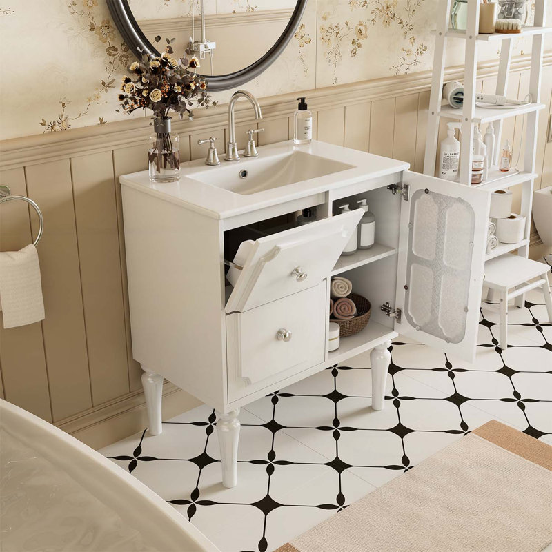 Ensemble de meuble-lavabo simple autoportant avec évier en céramique et 2 tiroirs