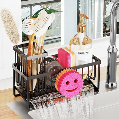 Porte-éponge pour évier de cuisine, support pour évier Smiley avec porte-brosse amovible, porte-éponge autodrainant pour éponge, savon, brosse à vaisselle, récureur, essentiels de cuisine et gadgets