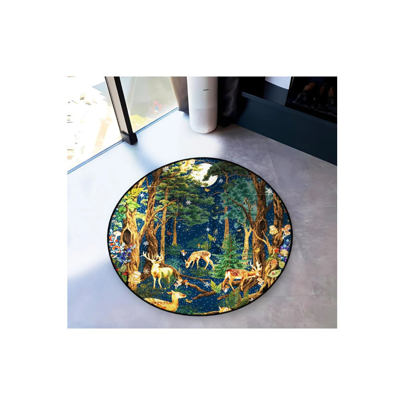 Tapis décoratif rétro à motif de forêt et de cerf sur le thème de la forêt, Rond 2 pi 8 po