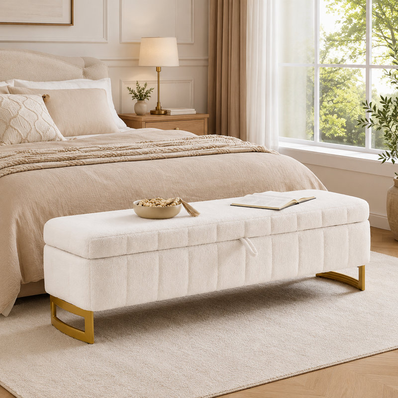 63" Modern Upholstered Teddy Storage Bench For End Of Bed King Size With Removable Handrail, White