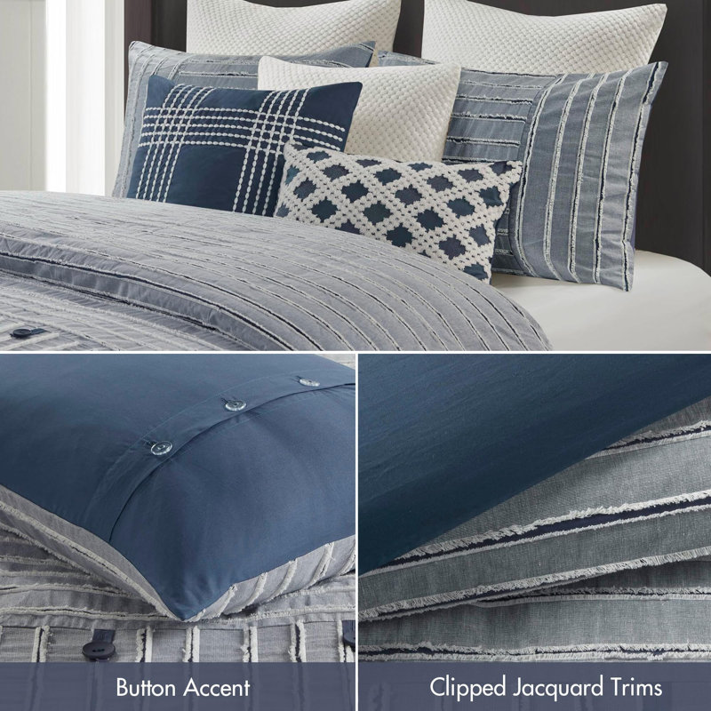 Essence Oversized 100% Cotton Clipped Jacquard Comforter Set, King, Blue