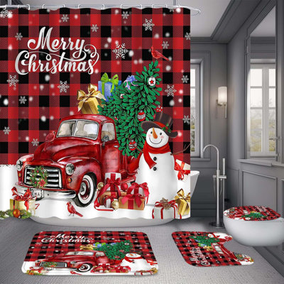 Ensemble de salle de bain bonhomme de neige 4 pièces avec rideau de douche imperméable Merry Christmas, tapis antidérapants, couvercle de toilette, tapis de bain