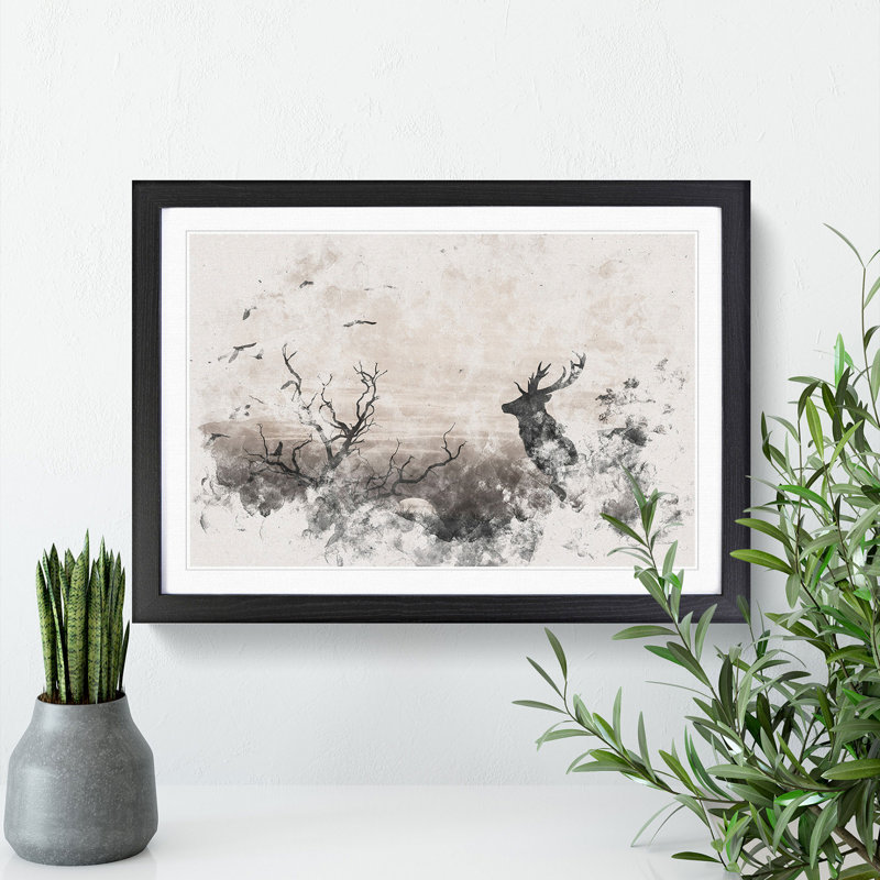 Stag Deer with Birds - Picture Frame Graphic Art Print, 62cm H x 87cm W x 2cm D, Black Framed