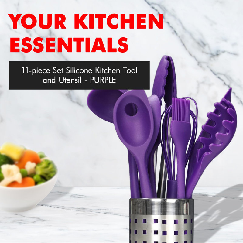 Premium Purple Silicone and Wood 11-Piece Cooking Utensil Set
