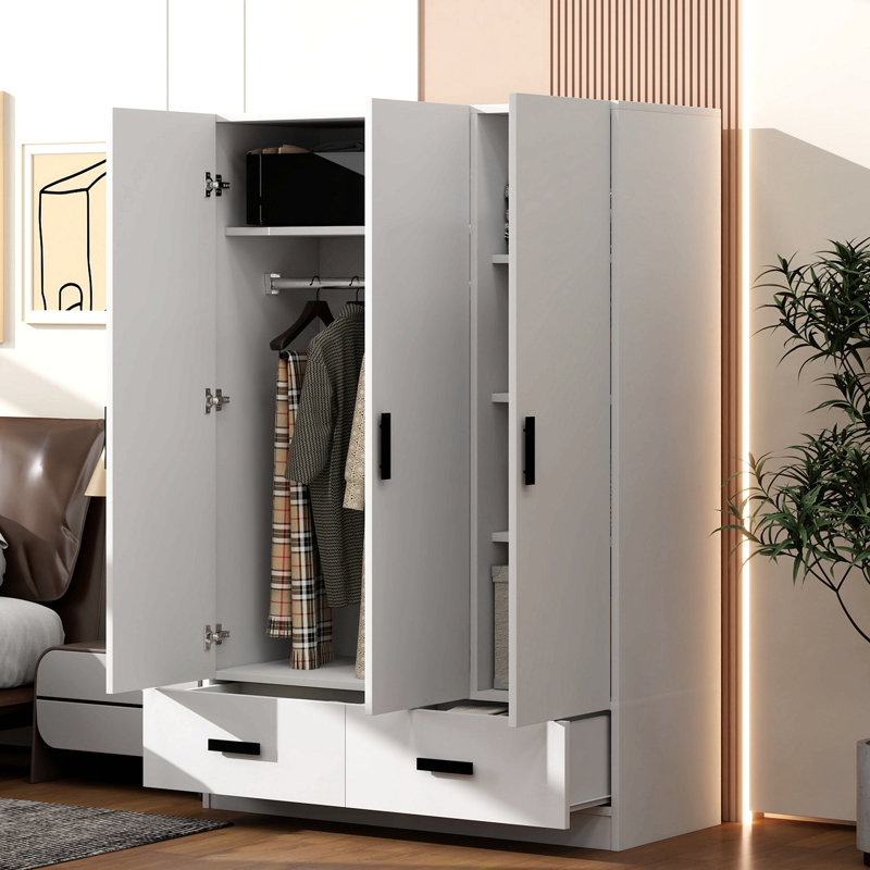 Garde-robe 3 portes avec tiroirs de rangement, tablettes et tringle
