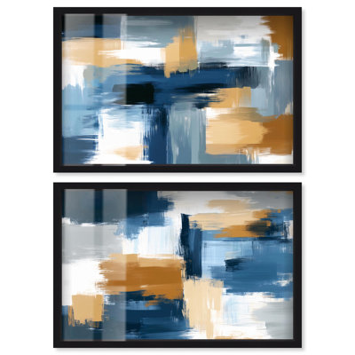Neutral Luxe Abstracts Shadowbox Bathroom Wall Art Set of 2 by Art Remedy, Black Frame, 46 x 31