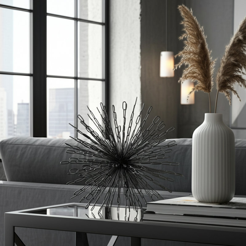 Orbe en fer et métal avec motif abstrait en forme de chaînette, objet décoratif contemporain, H 12 po x l 12 po x P 12 po