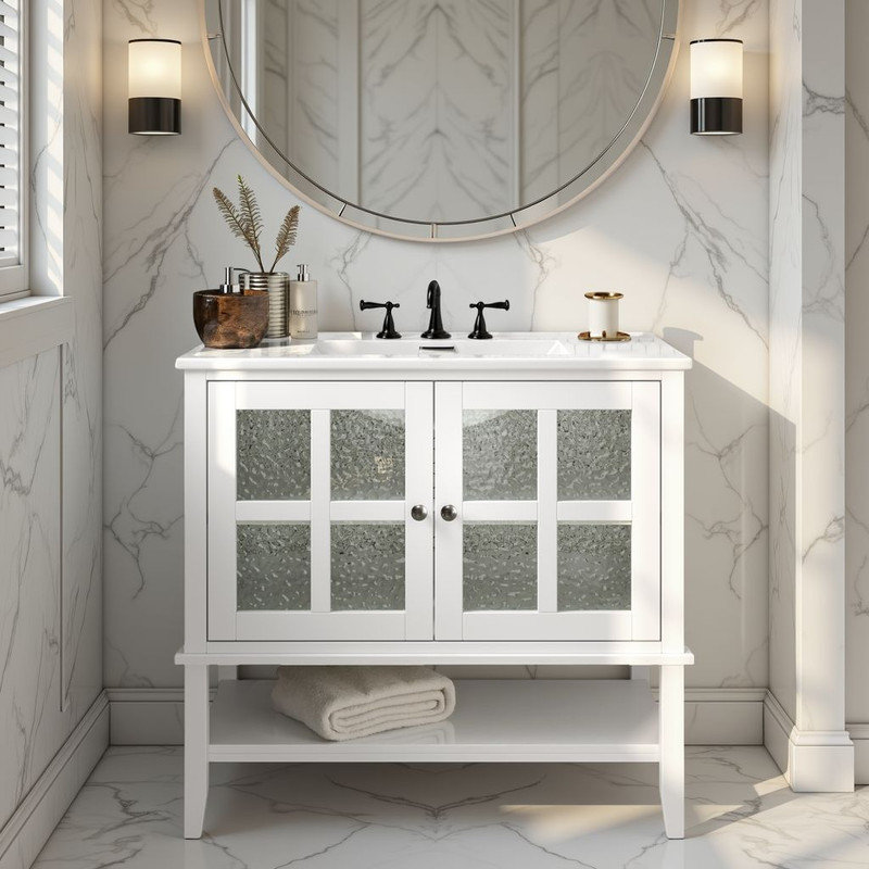 Meuble-lavabo 36 po avec lavabo en céramique - tablette réglable, charnières à fermeture en douceur?, Ivoire ivoire