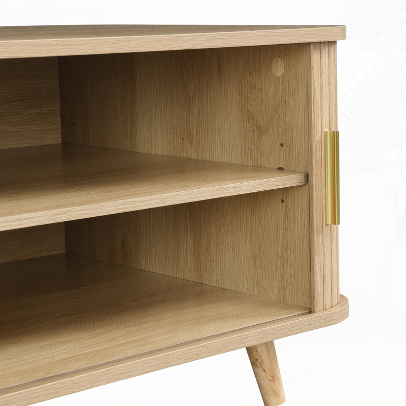 Table basse moderne de style Mid-Century avec rangement: finition en bois naturel, 4 tablettes ouvertes et 2 portes, pour le salon, le centre de divertissement, le cinéma maison