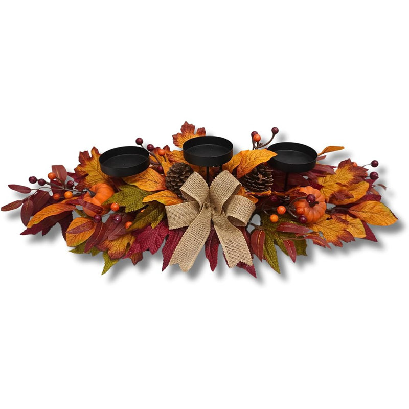 Centre de table de l'Action de grâce avec 3 porte-bougies, décor de récolte d'automne, porte-bougie à feuilles d'érable et feuilles d'automne pour table