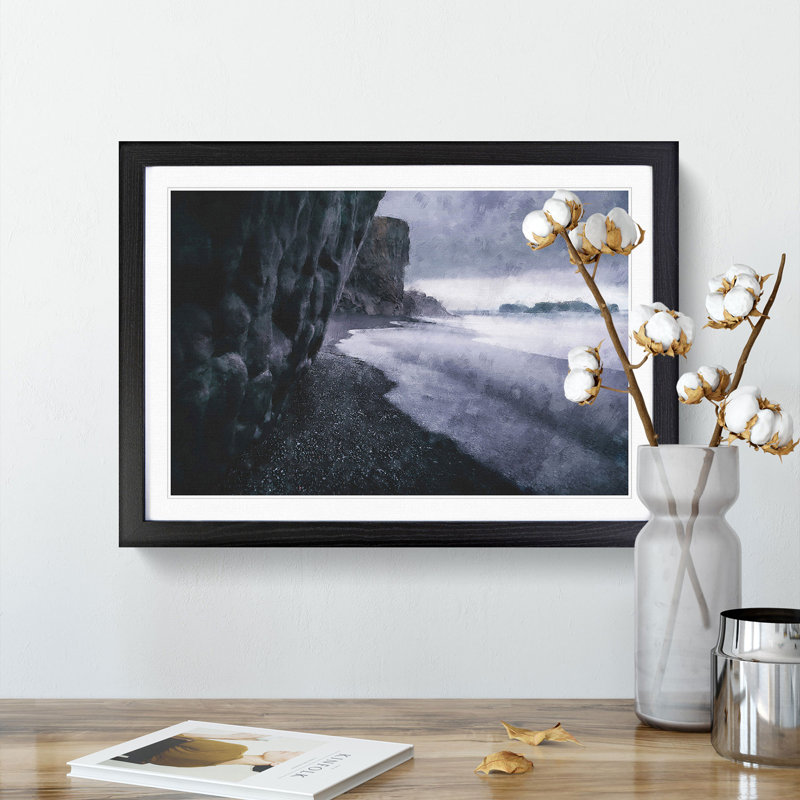 Black Beach In Iceland Painting - Single Picture Frame Print on MDF, 45cm H x 33cm W x 2cm D, Black