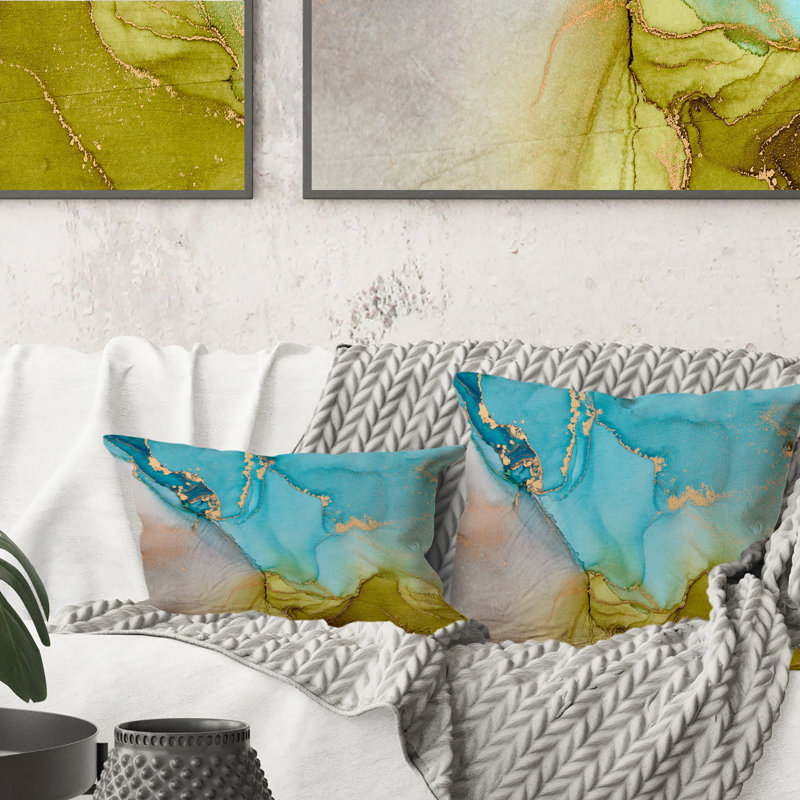«Blue and Green Luxury Abstract Fluid Art I», coussin décoratif imprimé moderne, 18 po x 18 po