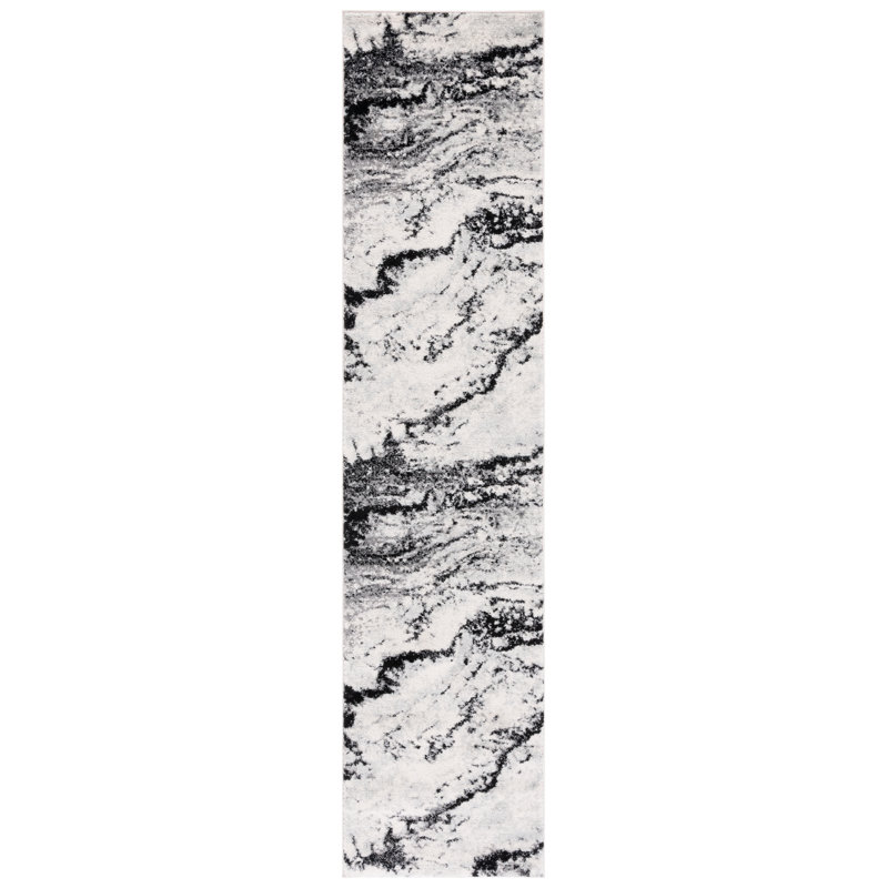 Adcock Abstract Ivory/Black Area Rug, Runner 2' x 9'