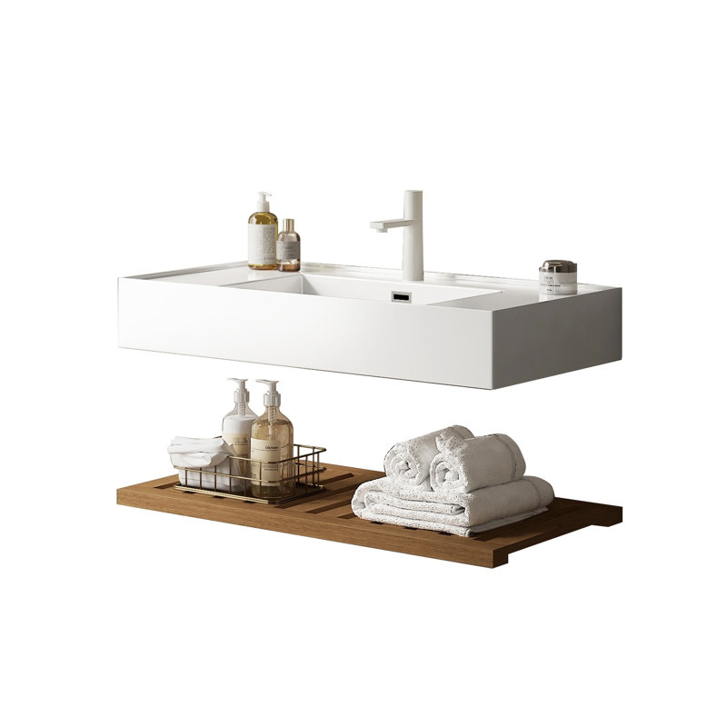 Lavabo vasque de salle de bain 36 po - Lavabo rectangulaire blanc en acrylique, tablettes en noyer foncé, idée de rangement élégante flottant avec style contemporain