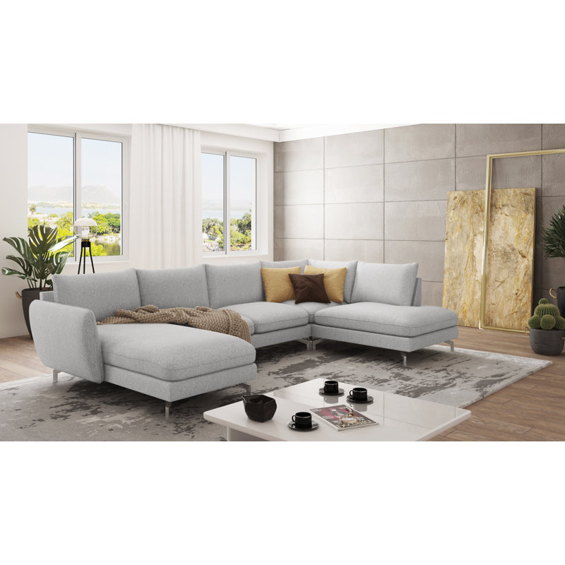Modern U-Shape Kimo Corner Sofa with Silver Metal Legs, Left Hand Facing, Silver