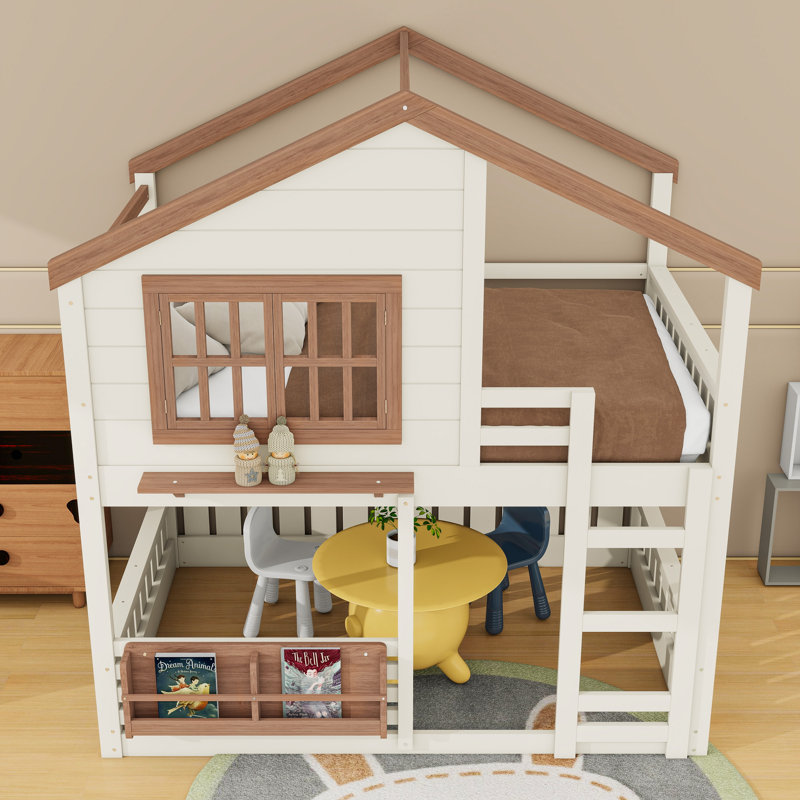 Wooden House-Shaped Bunk Bed With Window And Shelf, Beige/Natural, Full over Full