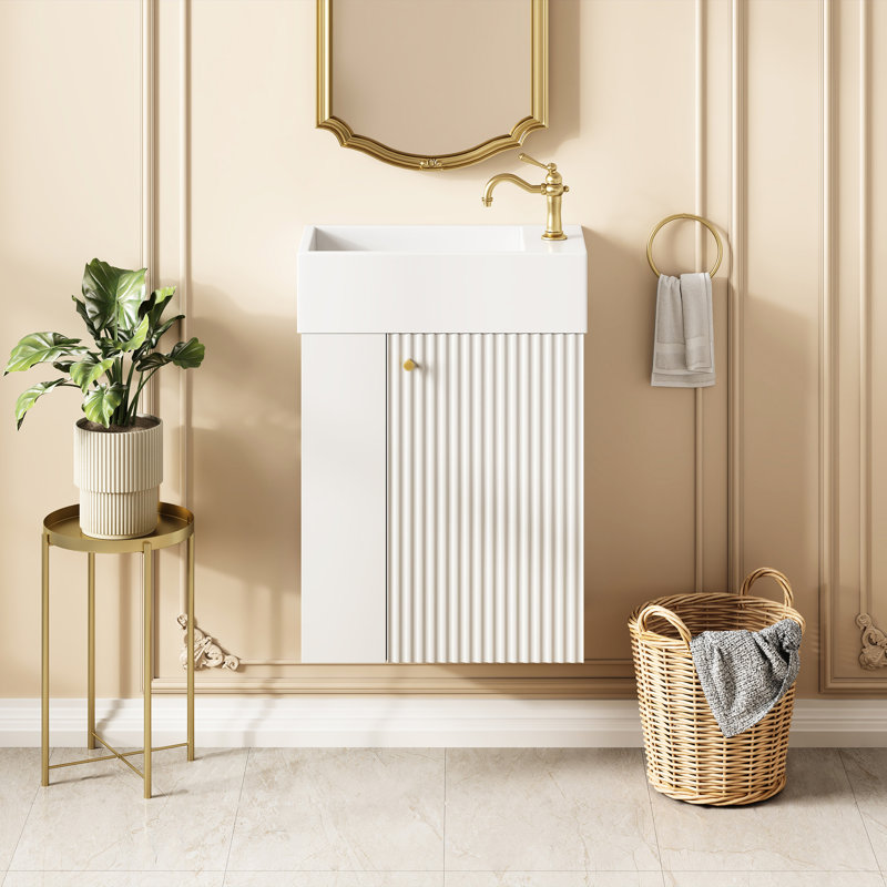 Meuble-lavabo flottant moderne de 18,5 po avec lavabo en résine, rangement à gauche, portes à fermeture en douceur, lavabo facile à assembler - idéal pour les petites salles de bain, poignées en alliage de zinc, structure, étagères intelligentes
