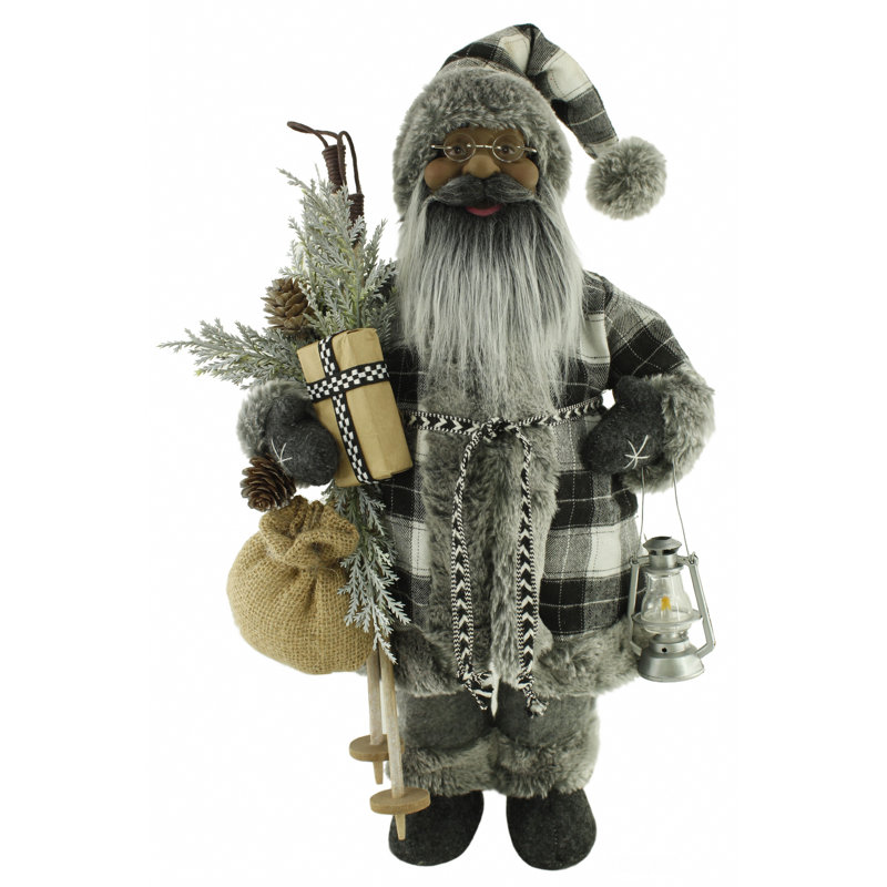 16" Black & White Plaid Santa with Faux Fur Trim