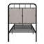 Lit plateforme en métal recouvert de lin, taille simple, avec tête et pied de lit en tissu.