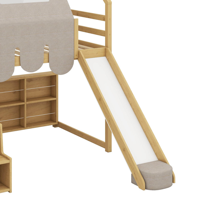 Twin House-Shaped Loft Bed With A Tent, Natural/Beige
