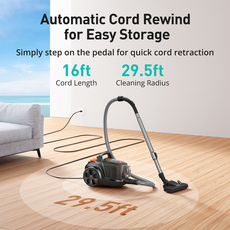 Aspirateur traîneau, aspirateur traîneau sans sac amélioré de 1 600 W, rembobinage automatique du cordon, filtre HEPA H13, grande capacité de 4 pintes, 5 outils pour planchers durs, tapis, animal de compagnie, revêtement, voiture